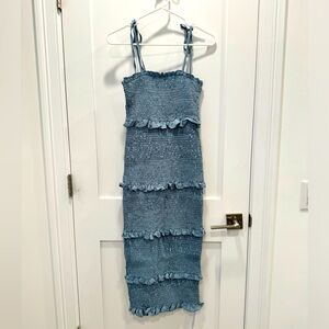 Tie Shoulder Smocked Ruffle Midi Dress